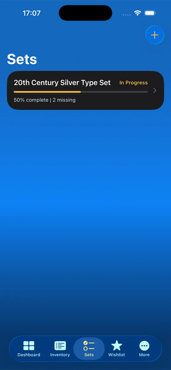 Sets screen showing completion progress